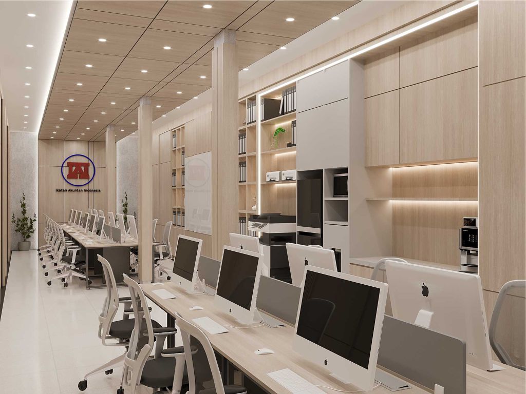 Working space minimalis bercorak kayu dengan temperatur warm (hangat)